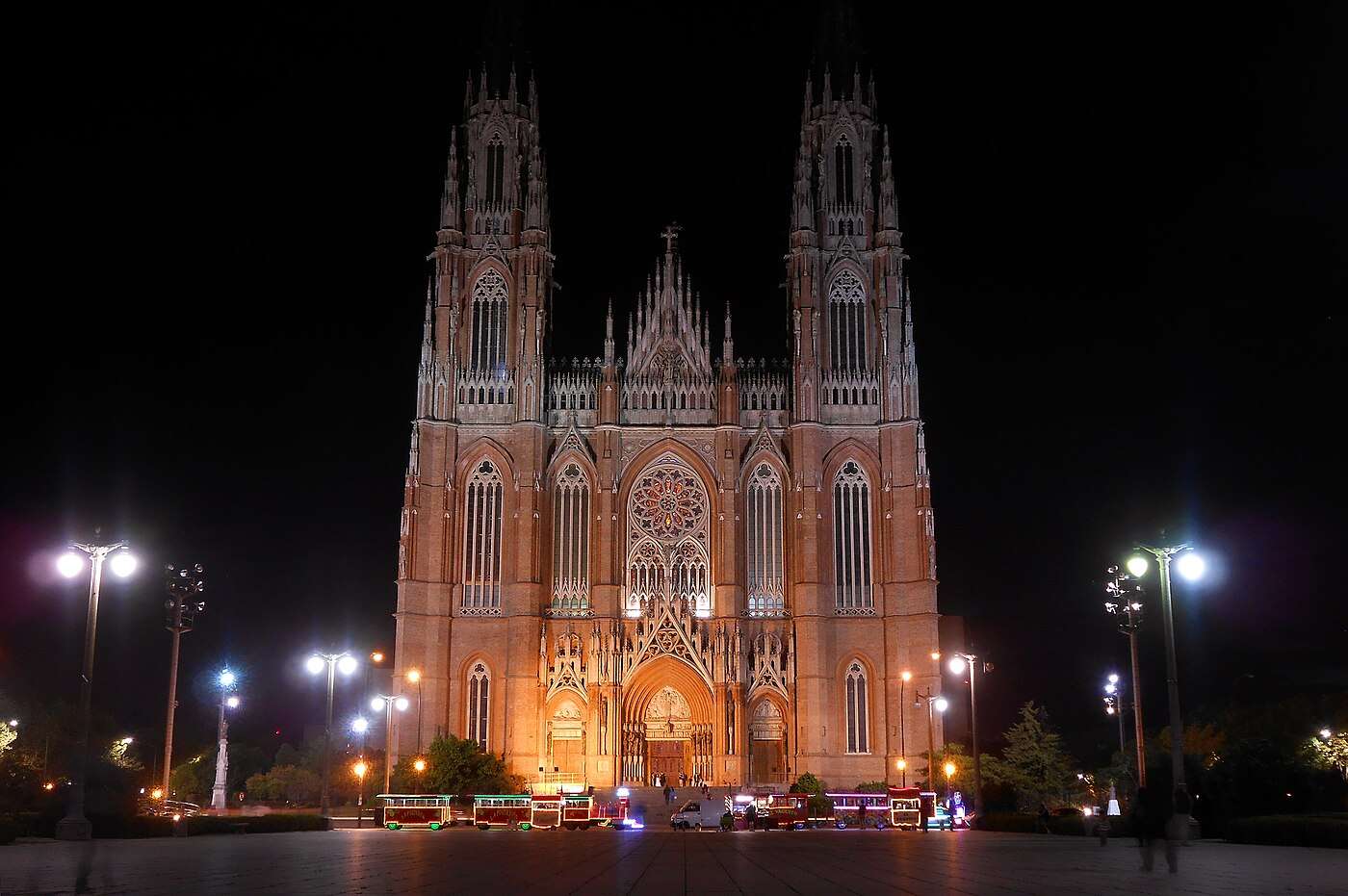 The twin-spired neo-Gothic cathedral of La Plata floodlit at night